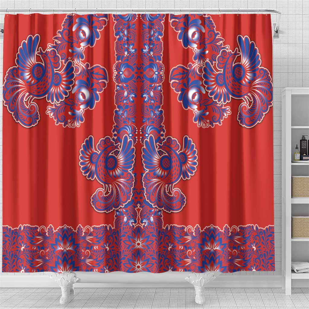 Red Russian National Costume Shower Curtain Rooster Motifs Traditional Folk Pattern - Wonder Print Shop