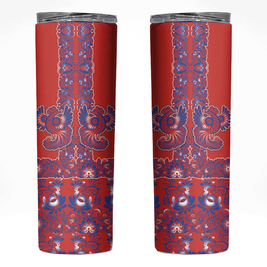 Red Russian National Costume Skinny Tumbler Rooster Motifs Traditional Folk Pattern - Wonder Print Shop