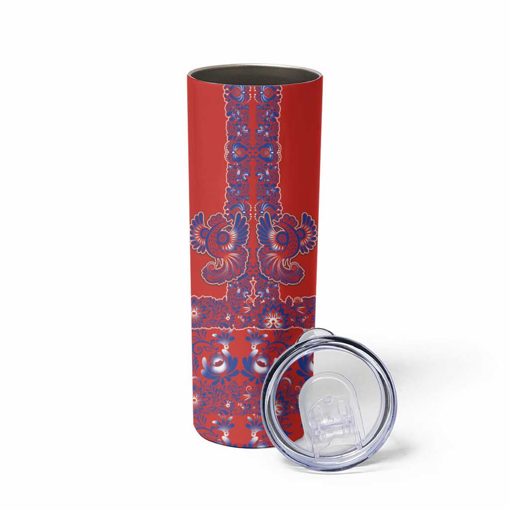 Red Russian National Costume Skinny Tumbler Rooster Motifs Traditional Folk Pattern - Wonder Print Shop
