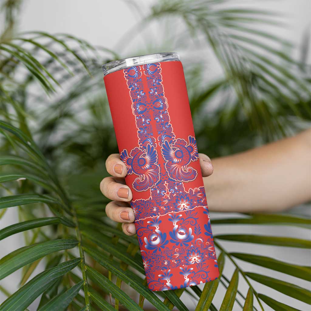 Red Russian National Costume Skinny Tumbler Rooster Motifs Traditional Folk Pattern - Wonder Print Shop