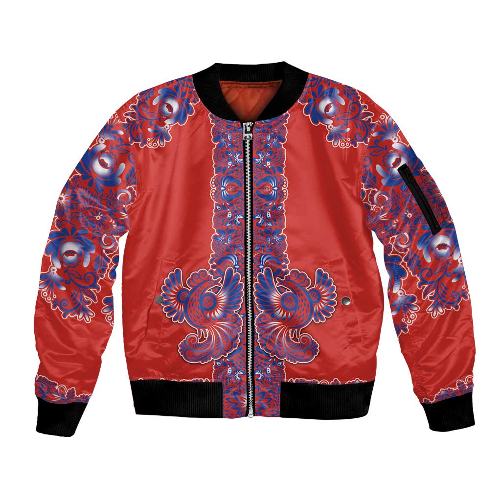 Red Russian National Costume Sleeve Zip Bomber Jacket Rooster Motifs Traditional Folk Pattern - Wonder Print Shop