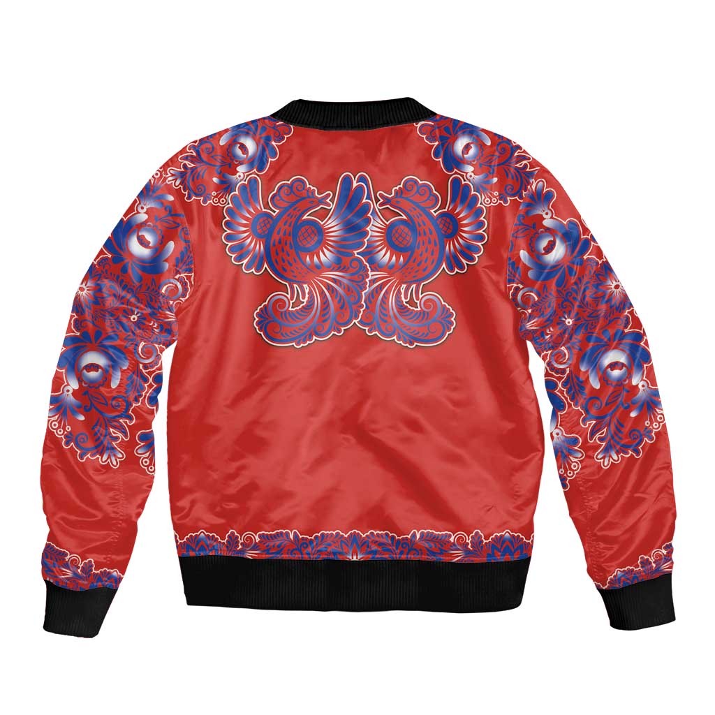 Red Russian National Costume Sleeve Zip Bomber Jacket Rooster Motifs Traditional Folk Pattern - Wonder Print Shop