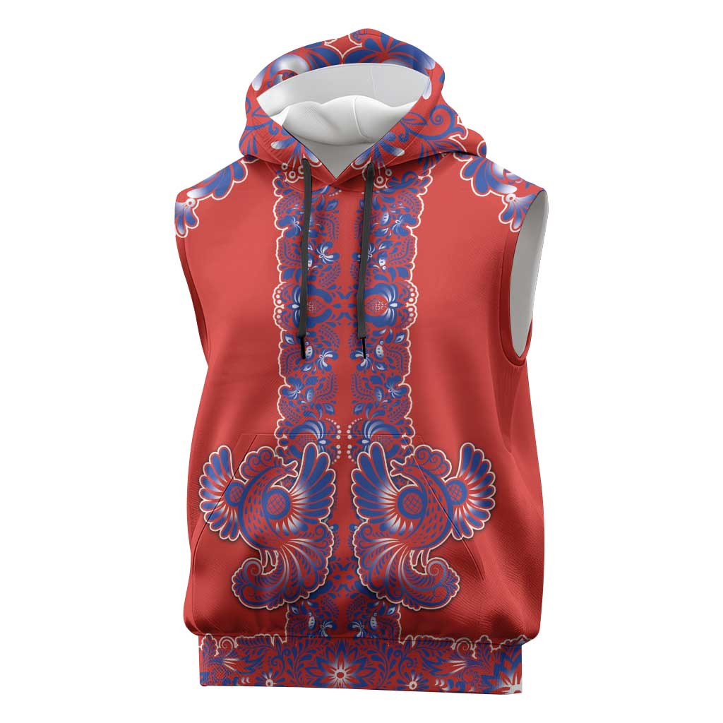 Red Russian National Costume Sleeveless Hoodie Rooster Motifs Traditional Folk Pattern - Wonder Print Shop