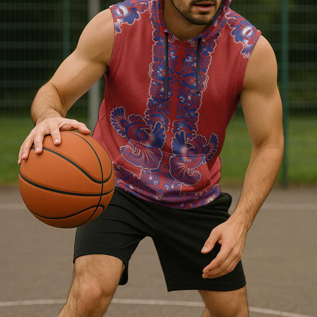 Red Russian National Costume Sleeveless Hoodie Rooster Motifs Traditional Folk Pattern - Wonder Print Shop