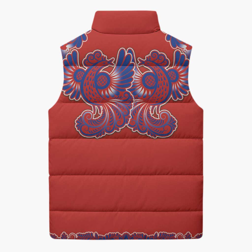 Red Russian National Costume Sleeveless Puffer Jacket Rooster Motifs Traditional Folk Pattern - Wonder Print Shop