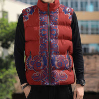 Red Russian National Costume Sleeveless Puffer Jacket Rooster Motifs Traditional Folk Pattern - Wonder Print Shop