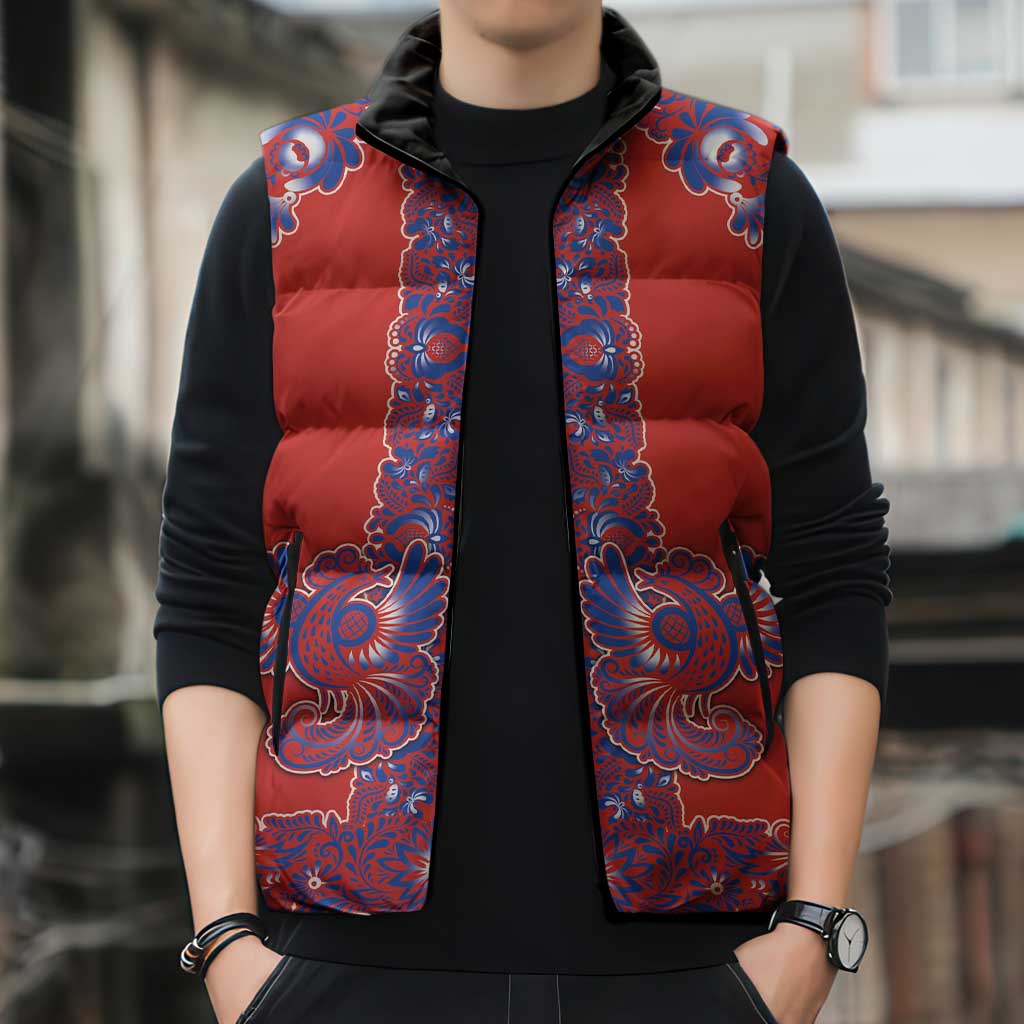 Red Russian National Costume Sleeveless Puffer Jacket Rooster Motifs Traditional Folk Pattern - Wonder Print Shop