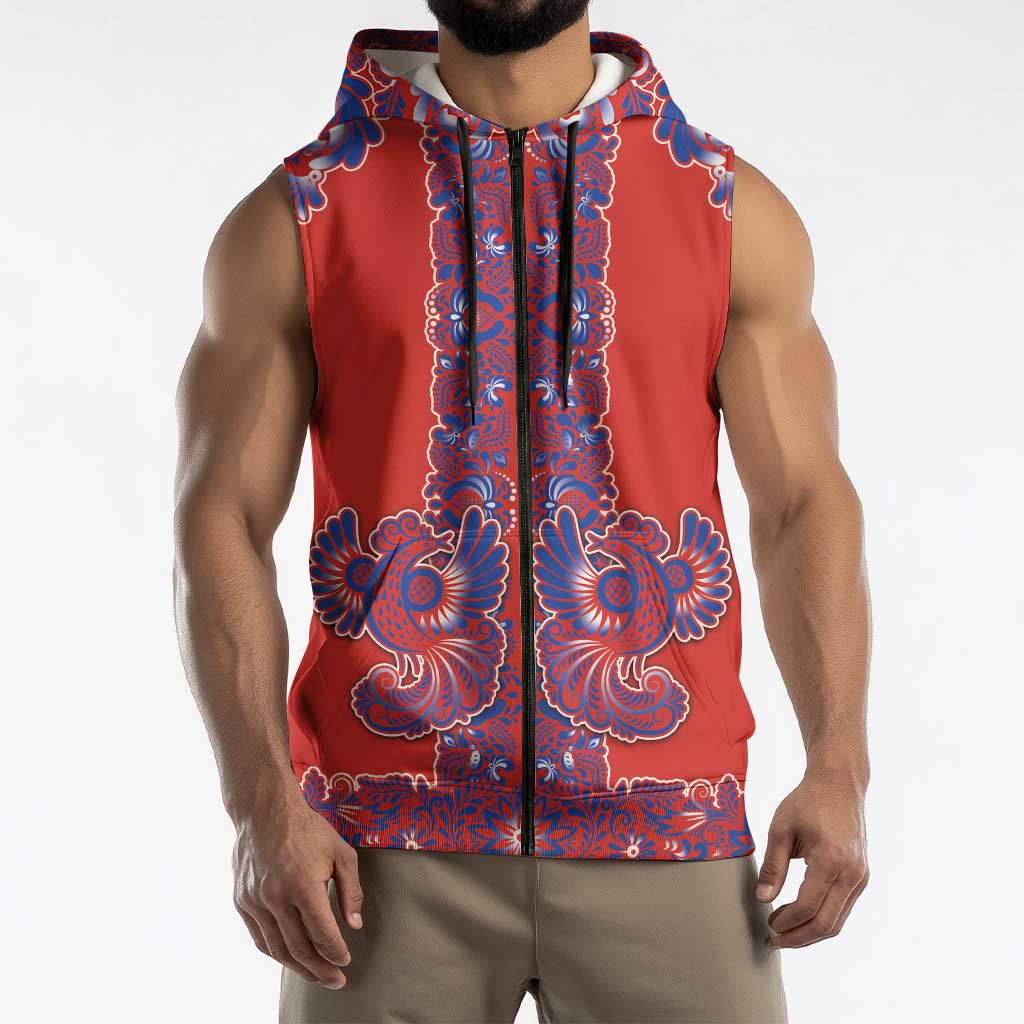 Red Russian National Costume Sleeveless Zip Hoodie Rooster Motifs Traditional Folk Pattern - Wonder Print Shop