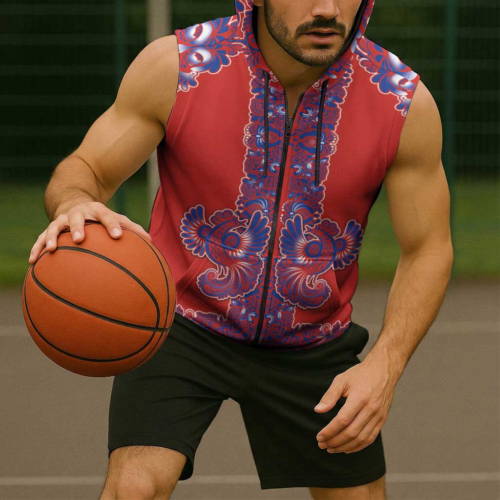 Red Russian National Costume Sleeveless Zip Hoodie Rooster Motifs Traditional Folk Pattern - Wonder Print Shop