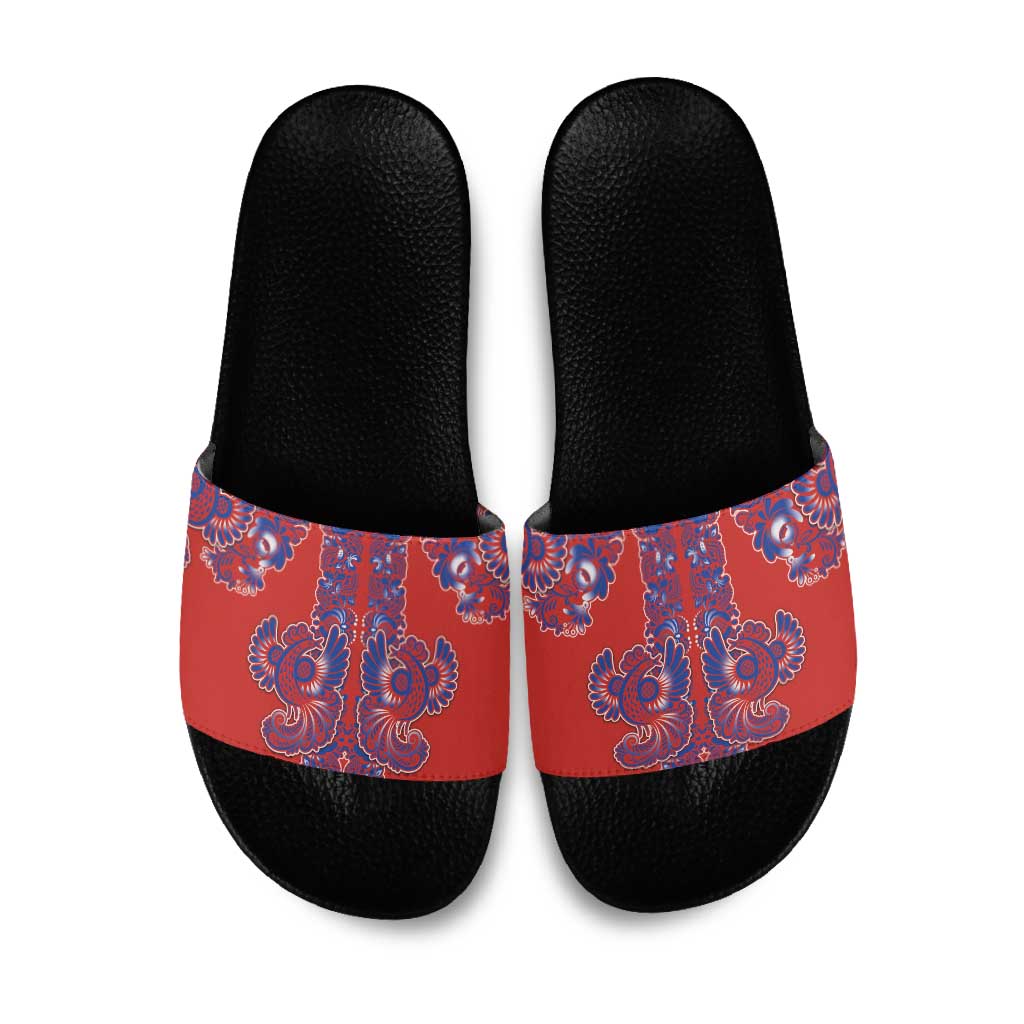 Red Russian National Costume Slide Sandals Rooster Motifs Traditional Folk Pattern - Wonder Print Shop