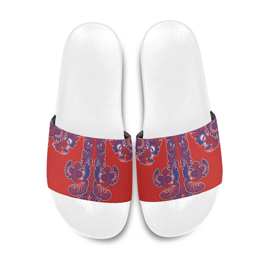 Red Russian National Costume Slide Sandals Rooster Motifs Traditional Folk Pattern - Wonder Print Shop