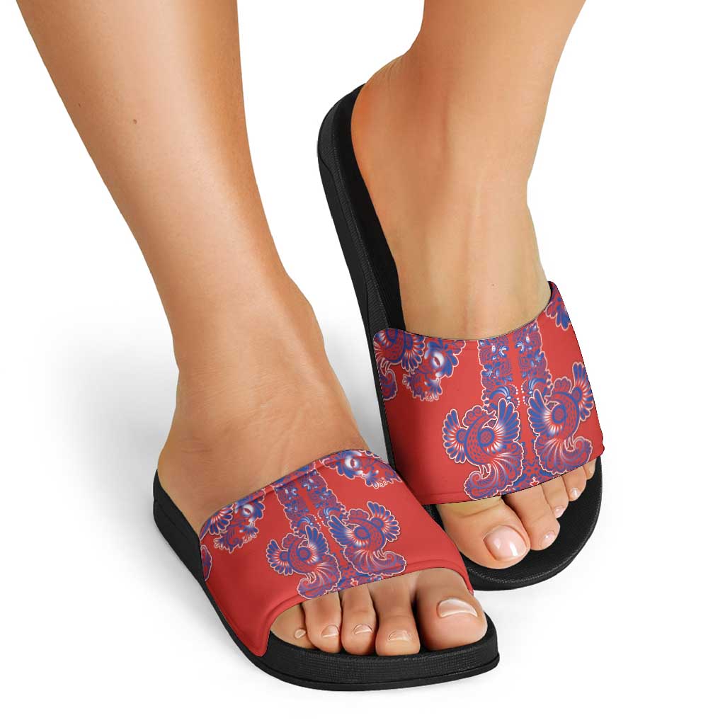 Red Russian National Costume Slide Sandals Rooster Motifs Traditional Folk Pattern - Wonder Print Shop