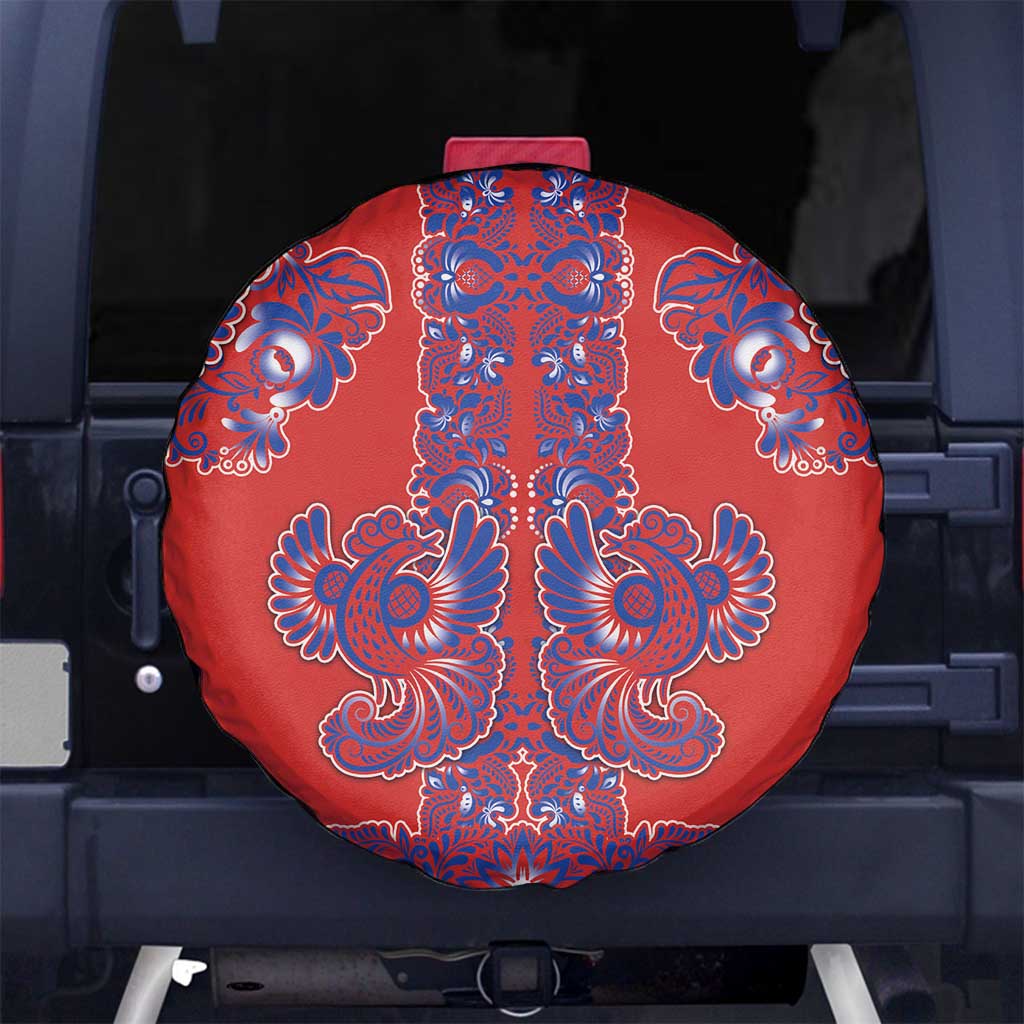 Red Russian National Costume Spare Tire Cover Rooster Motifs Traditional Folk Pattern - Wonder Print Shop