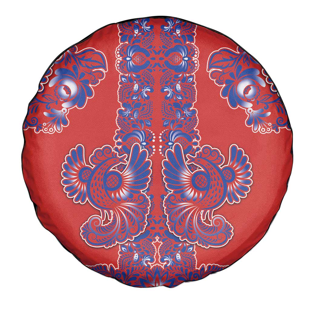 Red Russian National Costume Spare Tire Cover Rooster Motifs Traditional Folk Pattern - Wonder Print Shop