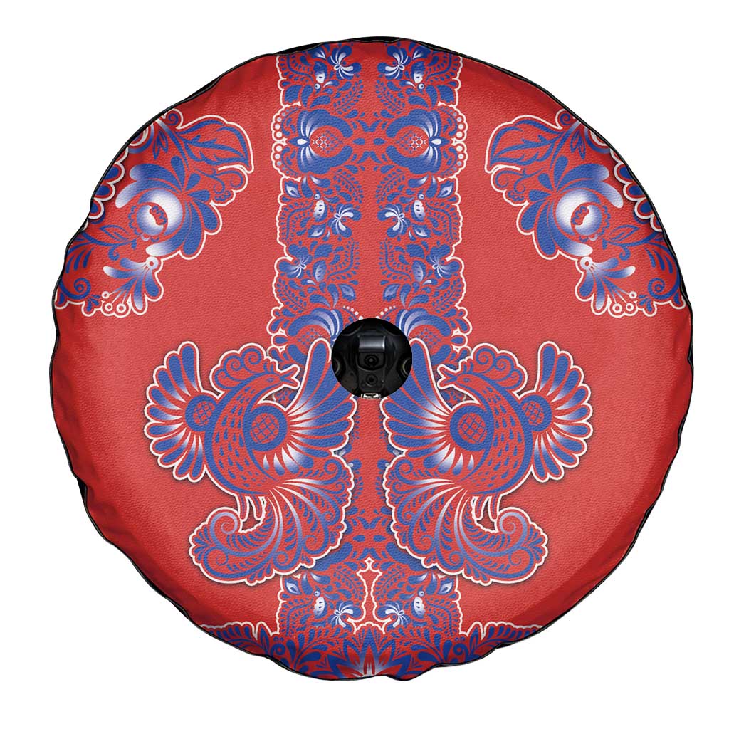Red Russian National Costume Spare Tire Cover Rooster Motifs Traditional Folk Pattern - Wonder Print Shop