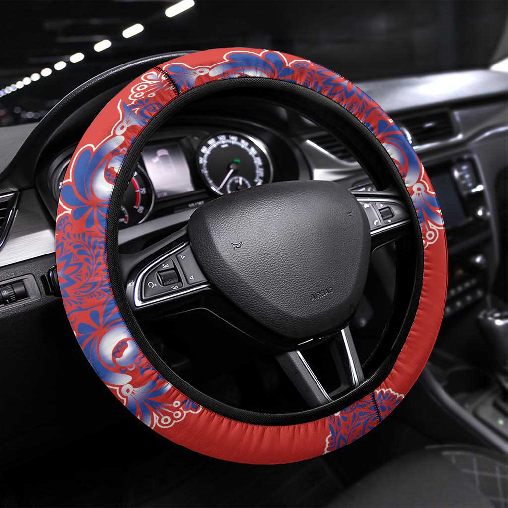 Red Russian National Costume Steering Wheel Cover Rooster Motifs Traditional Folk Pattern - Wonder Print Shop