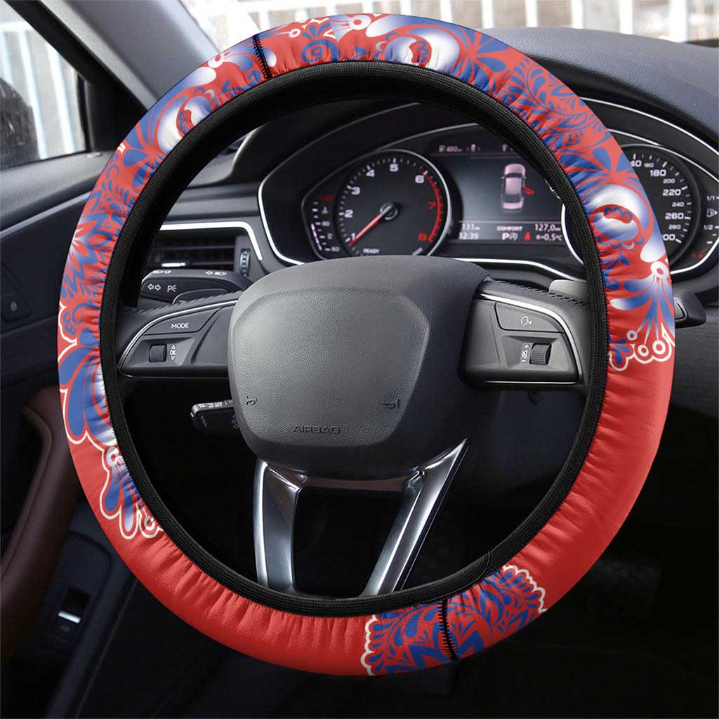 Red Russian National Costume Steering Wheel Cover Rooster Motifs Traditional Folk Pattern - Wonder Print Shop