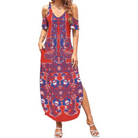 Red Russian National Costume Summer Maxi Dress Rooster Motifs Traditional Folk Pattern - Wonder Print Shop