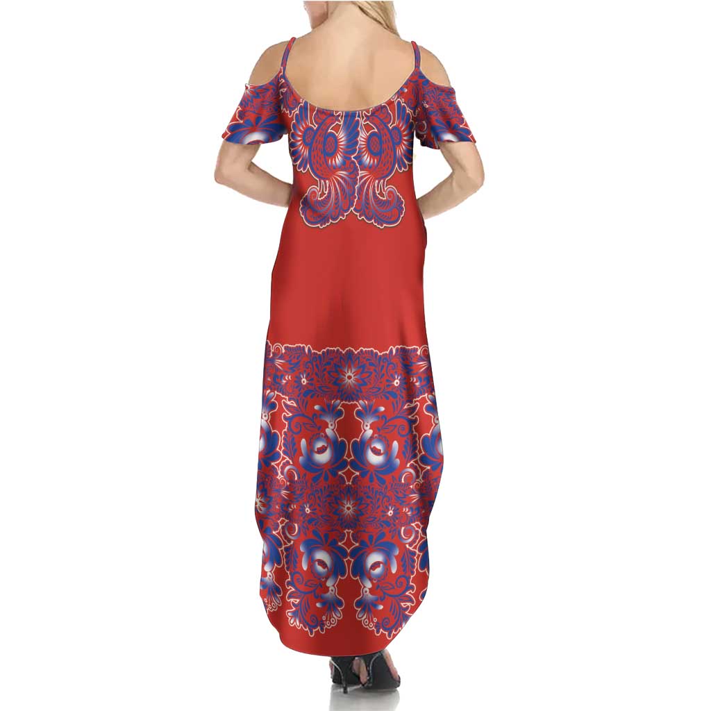 Red Russian National Costume Summer Maxi Dress Rooster Motifs Traditional Folk Pattern - Wonder Print Shop