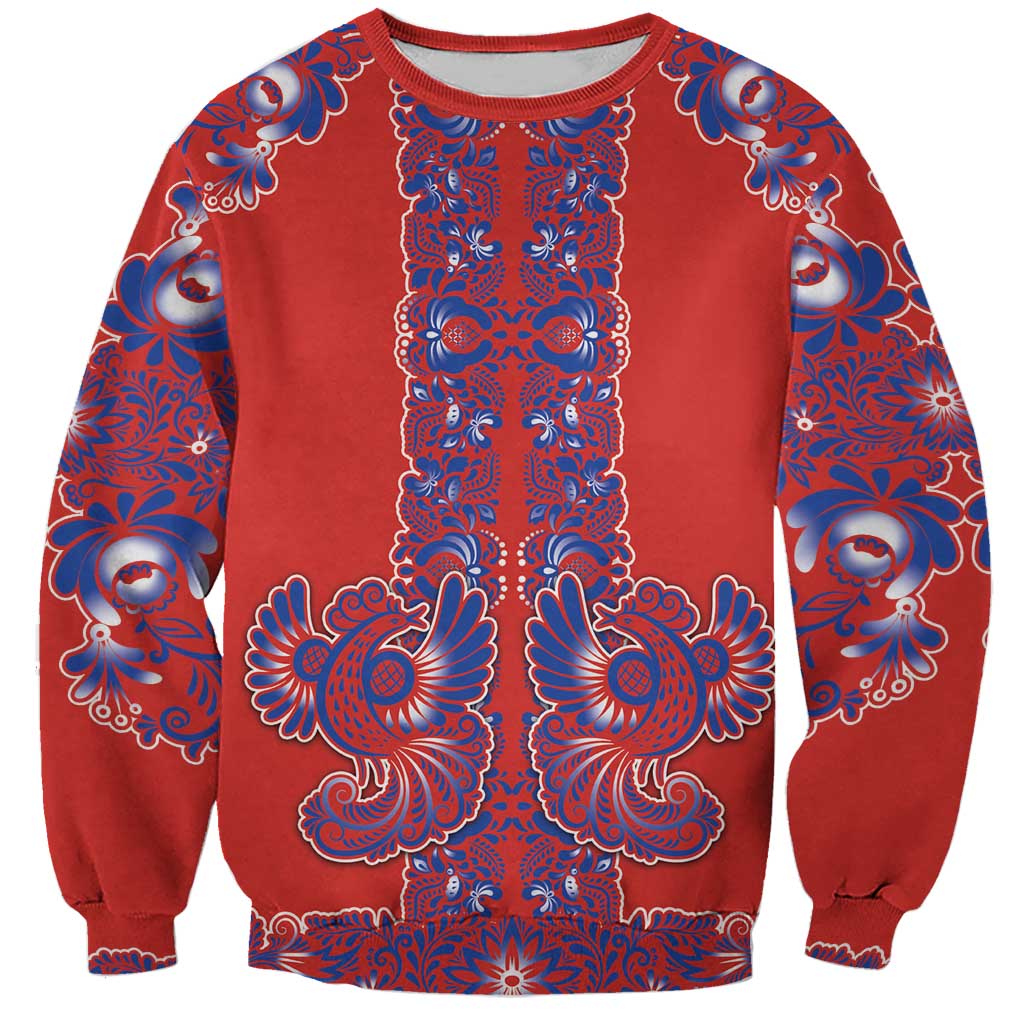 Red Russian National Costume Sweatshirt Rooster Motifs Traditional Folk Pattern - Wonder Print Shop