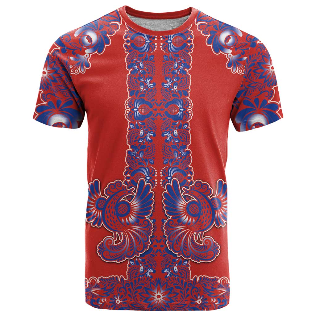 Red Russian National Costume T Shirt Rooster Motifs Traditional Folk Pattern - Wonder Print Shop