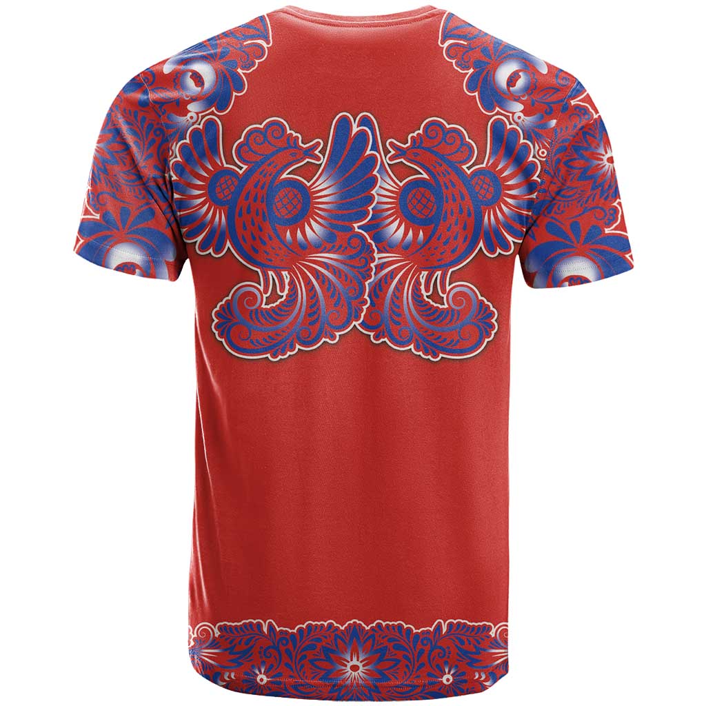 Red Russian National Costume T Shirt Rooster Motifs Traditional Folk Pattern - Wonder Print Shop