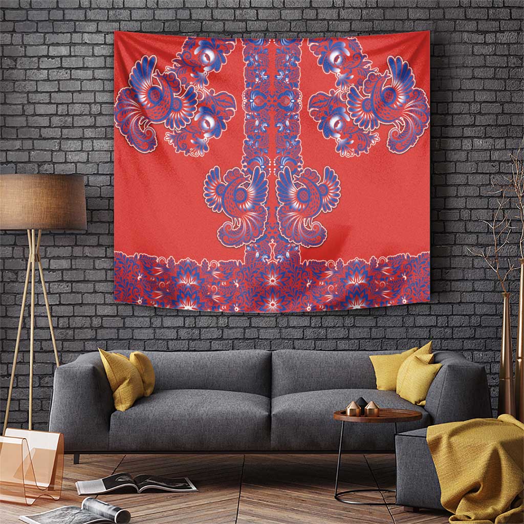 Red Russian National Costume Tapestry Rooster Motifs Traditional Folk Pattern - Wonder Print Shop