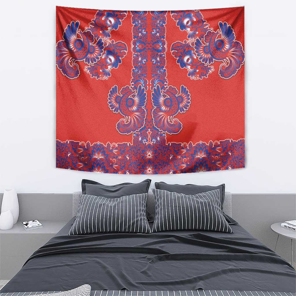Red Russian National Costume Tapestry Rooster Motifs Traditional Folk Pattern - Wonder Print Shop
