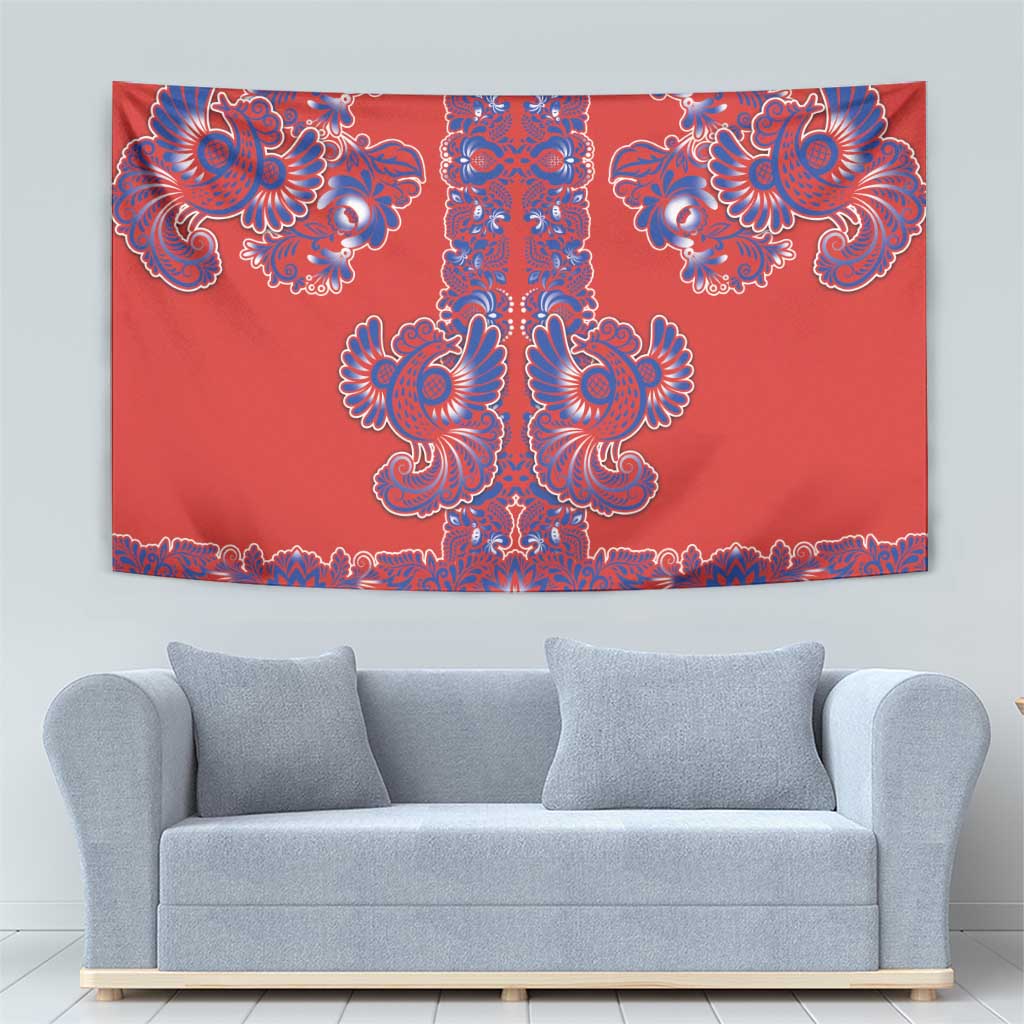Red Russian National Costume Tapestry Rooster Motifs Traditional Folk Pattern - Wonder Print Shop