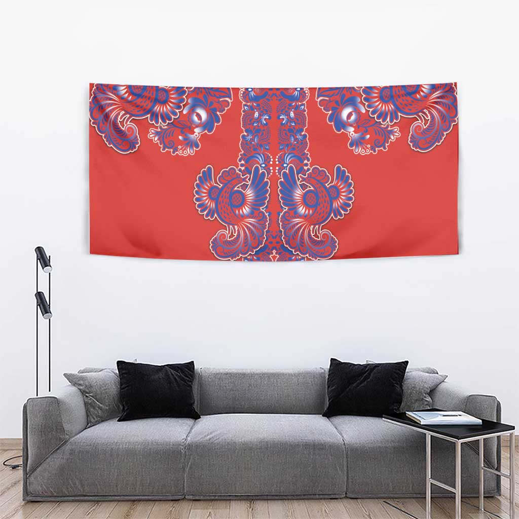 Red Russian National Costume Tapestry Rooster Motifs Traditional Folk Pattern - Wonder Print Shop