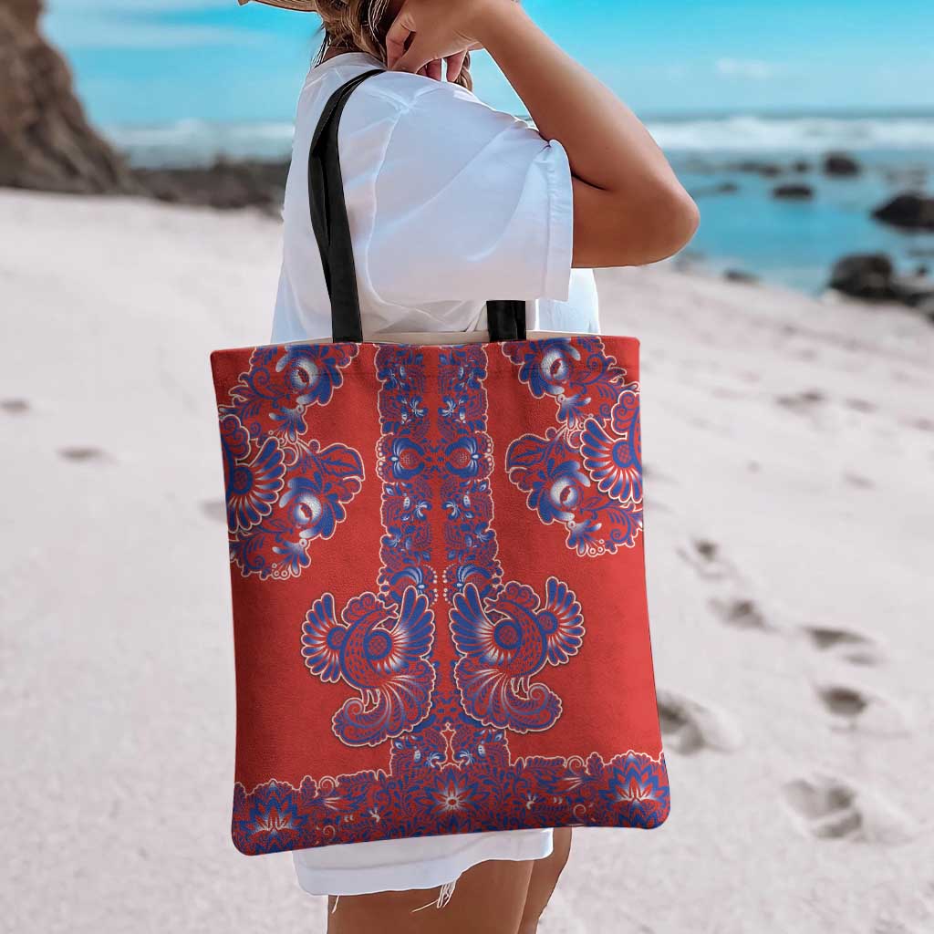 Red Russian National Costume Tote Bag Rooster Motifs Traditional Folk Pattern - Wonder Print Shop