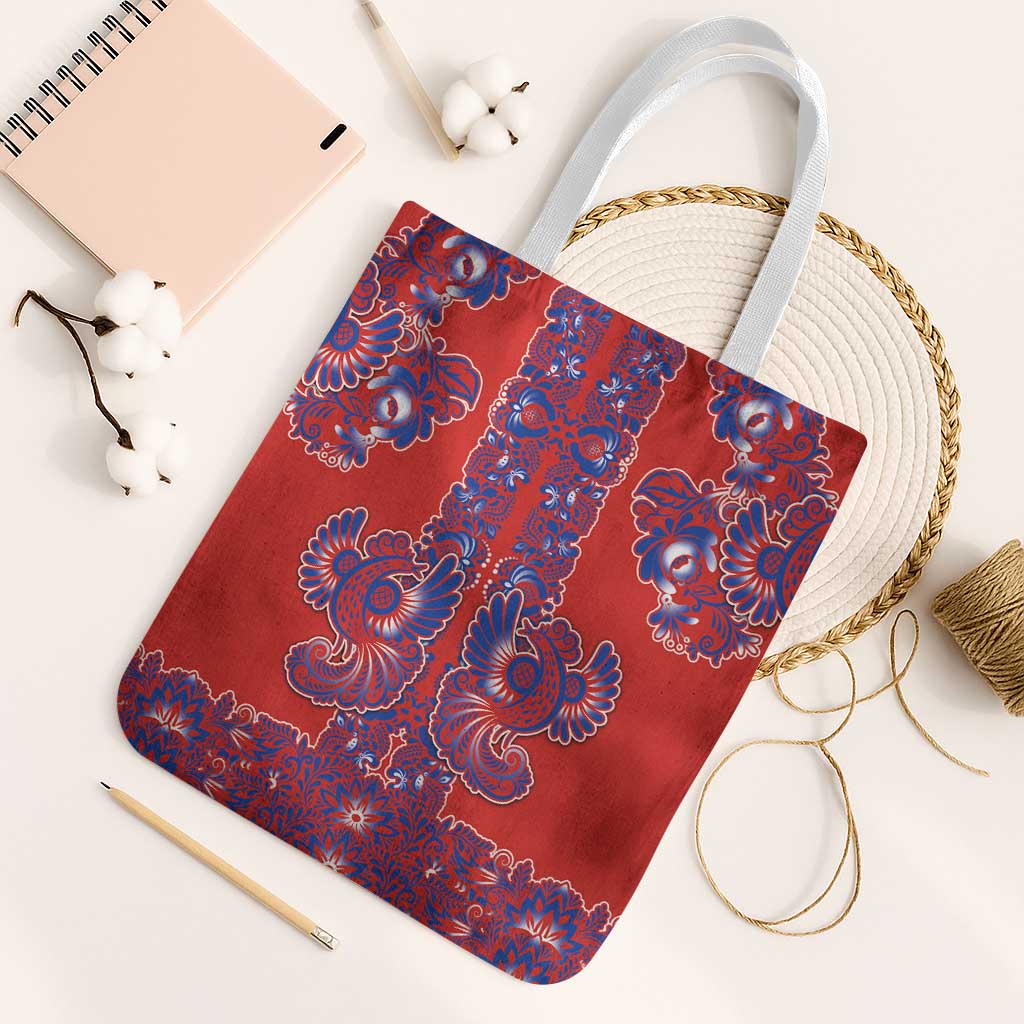 Red Russian National Costume Tote Bag Rooster Motifs Traditional Folk Pattern - Wonder Print Shop