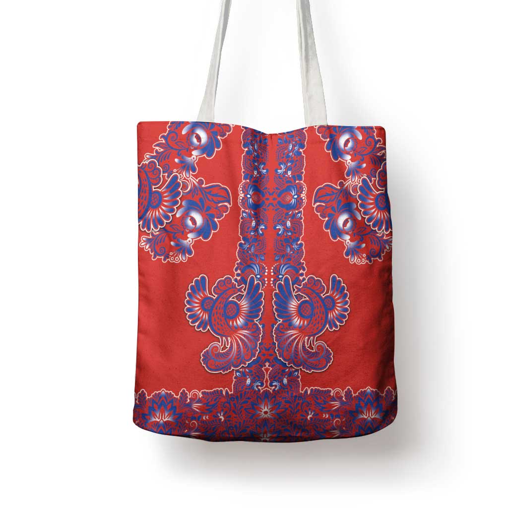 Red Russian National Costume Tote Bag Rooster Motifs Traditional Folk Pattern - Wonder Print Shop