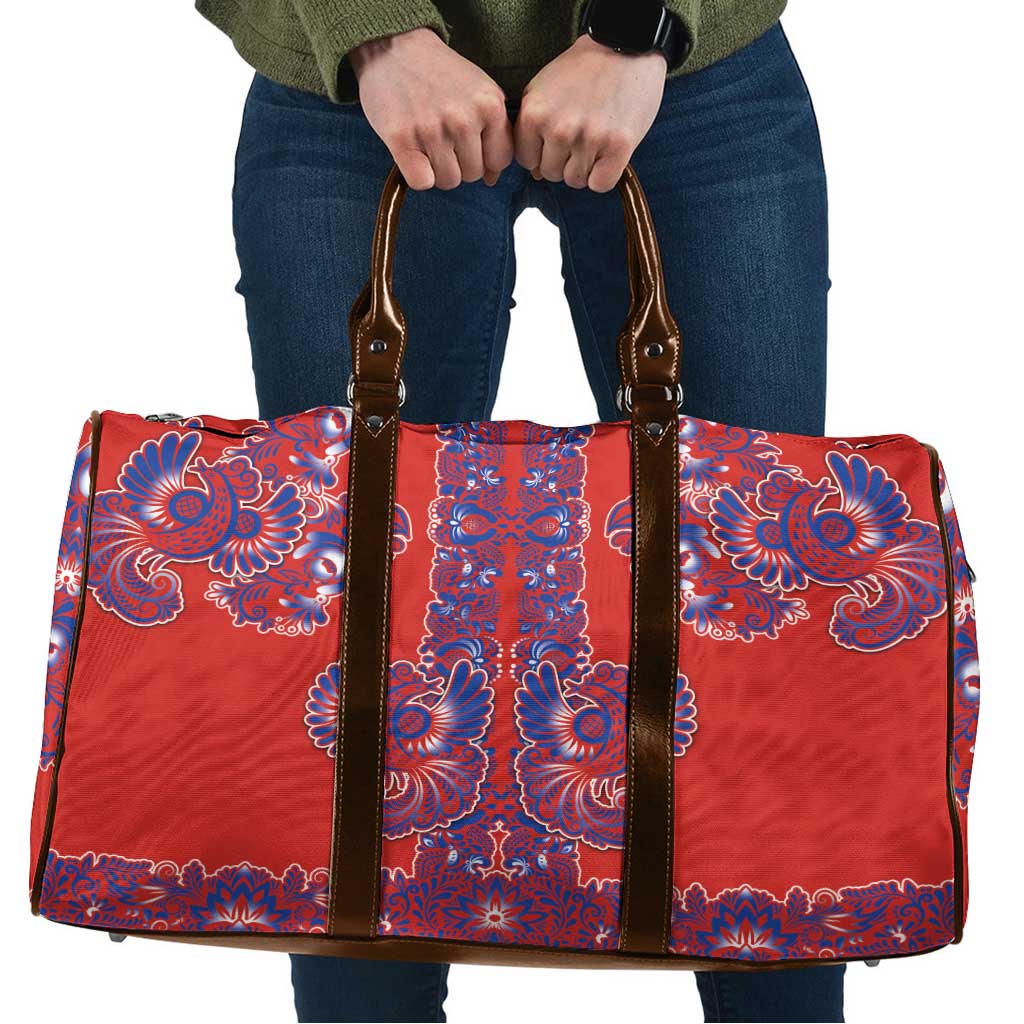 Red Russian National Costume Travel Bag Rooster Motifs Traditional Folk Pattern - Wonder Print Shop