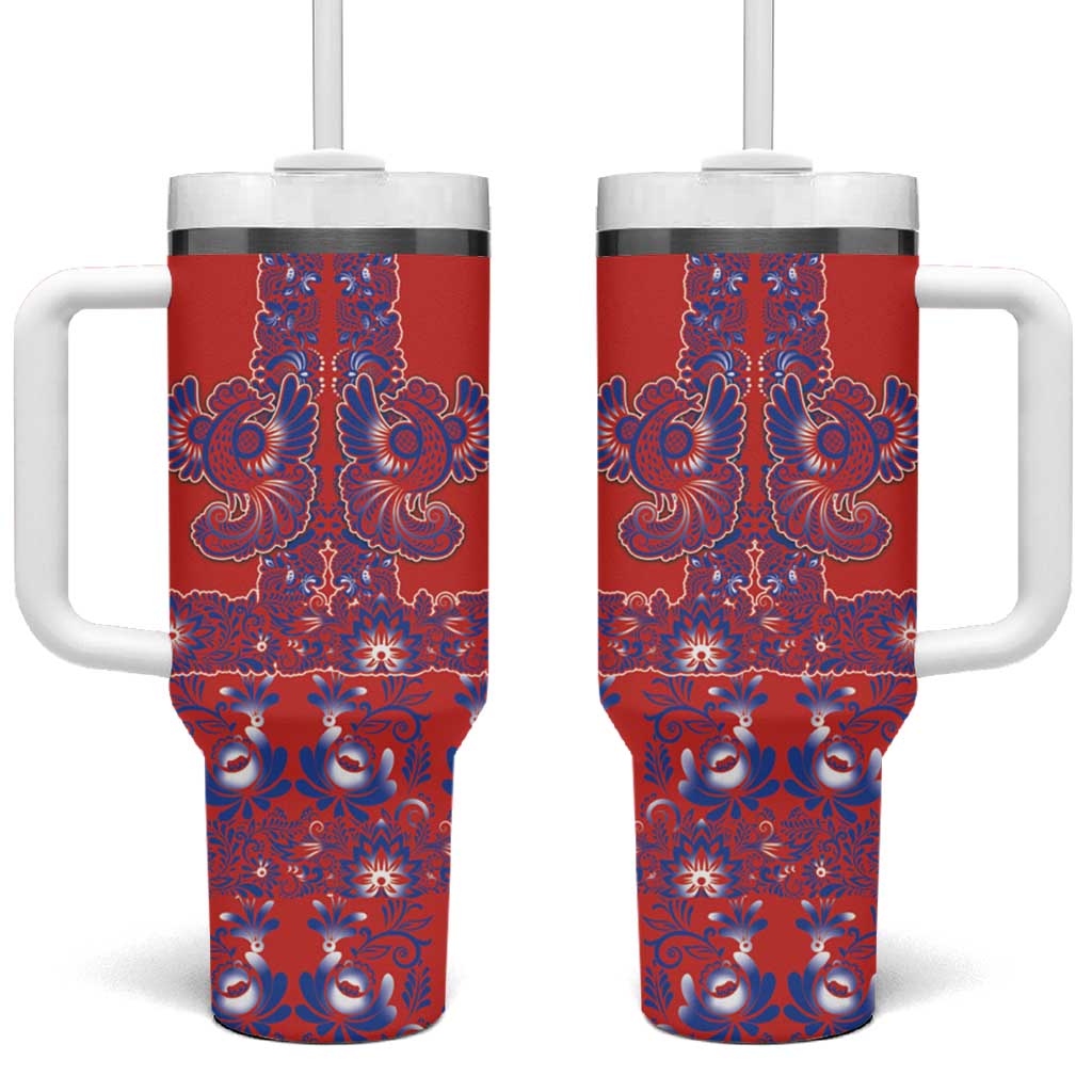 Red Russian National Costume Tumbler With Handle Rooster Motifs Traditional Folk Pattern - Wonder Print Shop