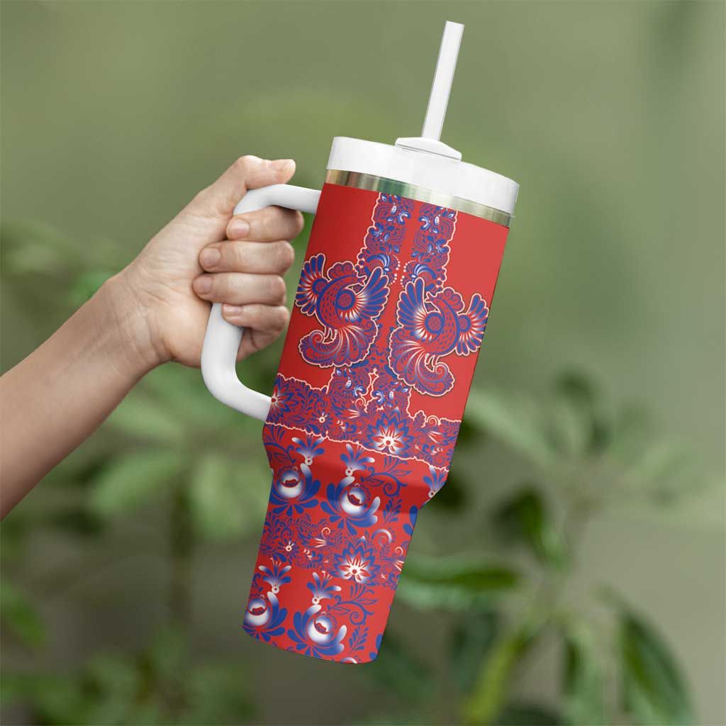 Red Russian National Costume Tumbler With Handle Rooster Motifs Traditional Folk Pattern - Wonder Print Shop