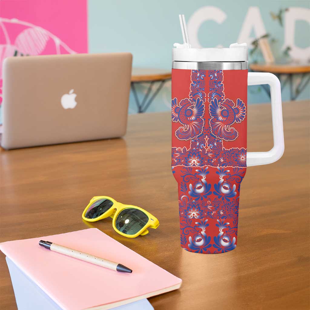 Red Russian National Costume Tumbler With Handle Rooster Motifs Traditional Folk Pattern - Wonder Print Shop