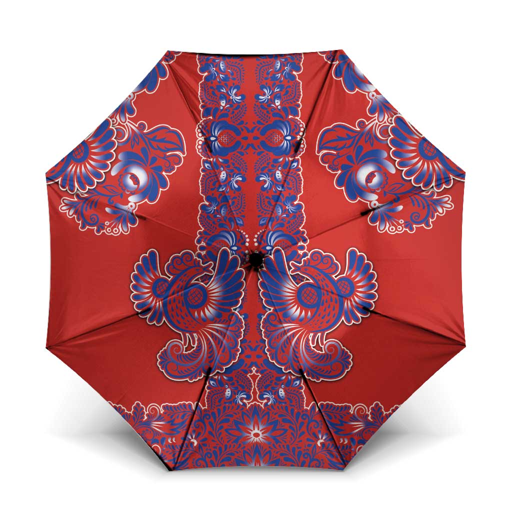 Red Russian National Costume Umbrella Rooster Motifs Traditional Folk Pattern - Wonder Print Shop