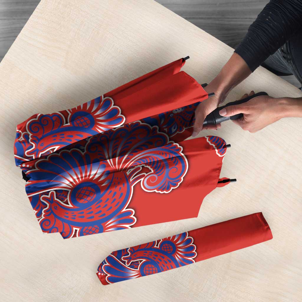 Red Russian National Costume Umbrella Rooster Motifs Traditional Folk Pattern - Wonder Print Shop