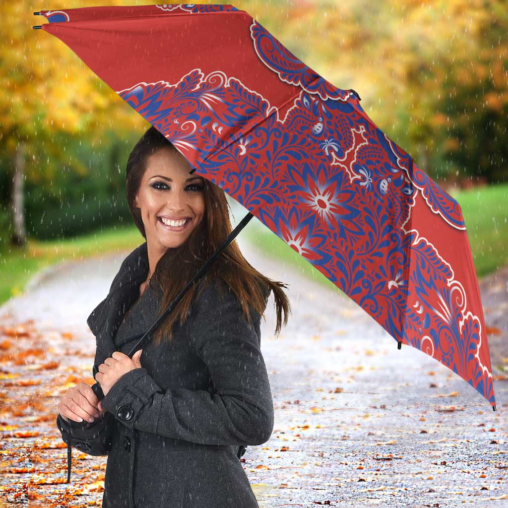 Red Russian National Costume Umbrella Rooster Motifs Traditional Folk Pattern - Wonder Print Shop