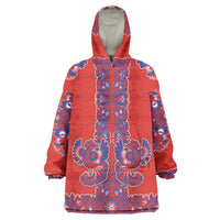 Red Russian National Costume Wearable Blanket Hoodie Rooster Motifs Traditional Folk Pattern - Wonder Print Shop