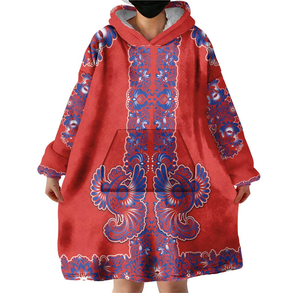 Red Russian National Costume Wearable Blanket Hoodie Rooster Motifs Traditional Folk Pattern - Wonder Print Shop