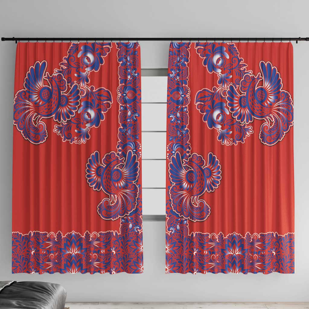 Red Russian National Costume Window Curtain Rooster Motifs Traditional Folk Pattern - Wonder Print Shop