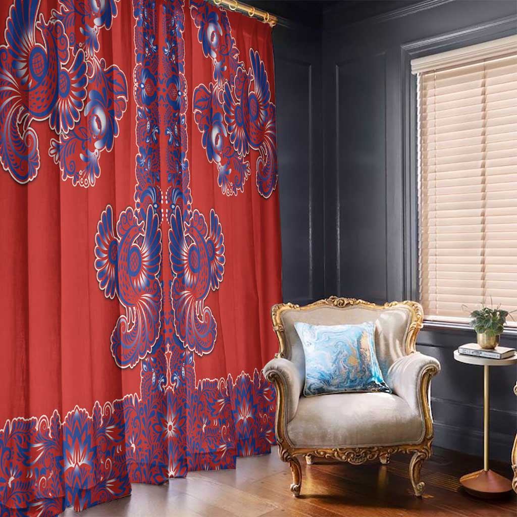 Red Russian National Costume Window Curtain Rooster Motifs Traditional Folk Pattern - Wonder Print Shop