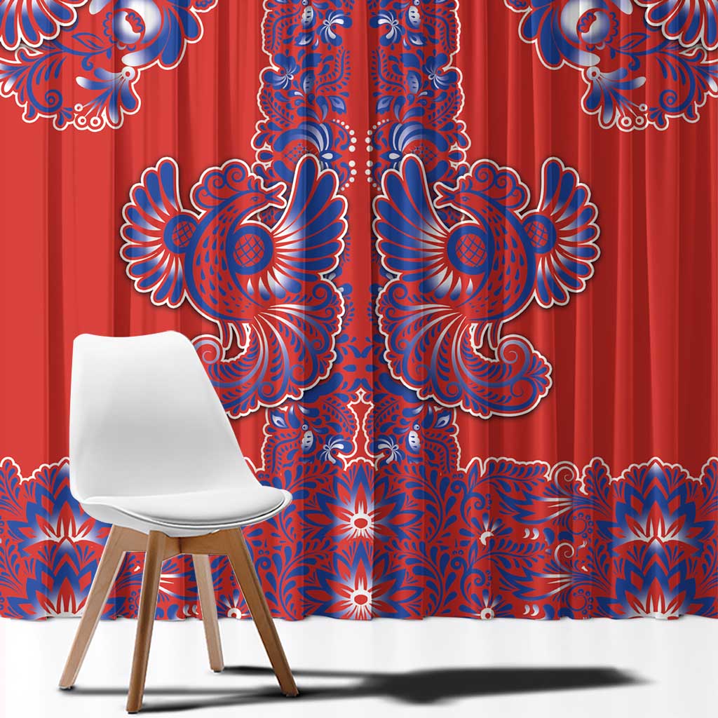 Red Russian National Costume Window Curtain Rooster Motifs Traditional Folk Pattern - Wonder Print Shop