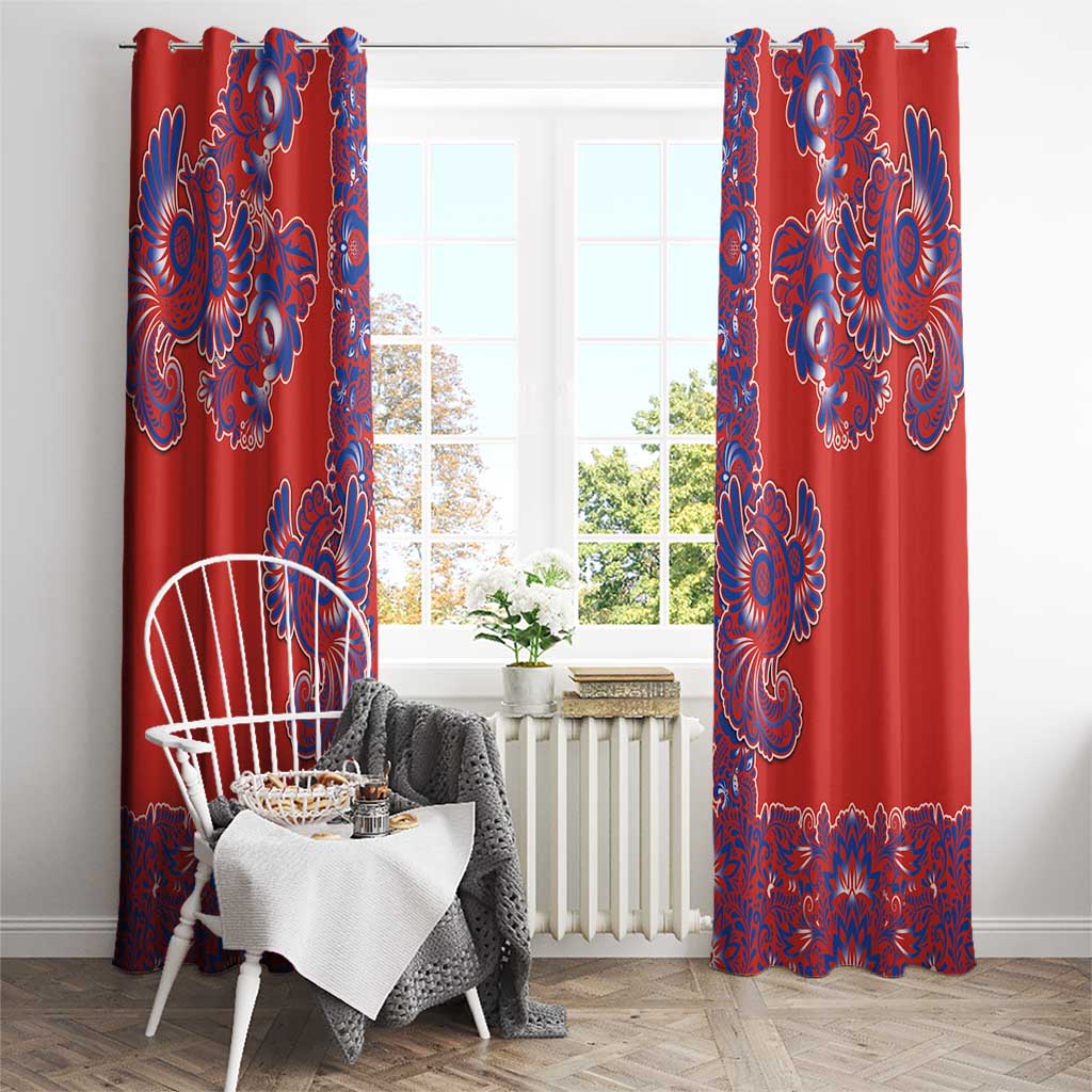Red Russian National Costume Window Curtain Rooster Motifs Traditional Folk Pattern - Wonder Print Shop