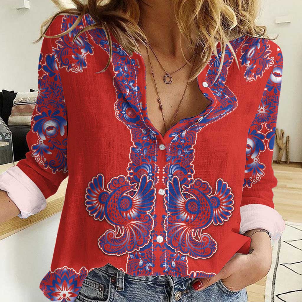 Red Russian National Costume Women Casual Shirt Rooster Motifs Traditional Folk Pattern - Wonder Print Shop
