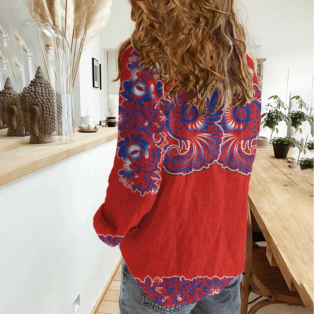 Red Russian National Costume Women Casual Shirt Rooster Motifs Traditional Folk Pattern - Wonder Print Shop