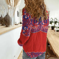 Red Russian National Costume Women Casual Shirt Rooster Motifs Traditional Folk Pattern - Wonder Print Shop