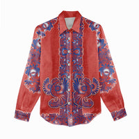 Red Russian National Costume Women Casual Shirt Rooster Motifs Traditional Folk Pattern - Wonder Print Shop